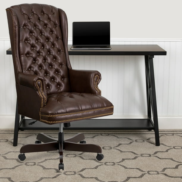 Executive Computer Desk Chair with Solid Wood Feet and Arms Brown Vinsetto High Back Faux Leather Office Chair with Button Tufted Design 